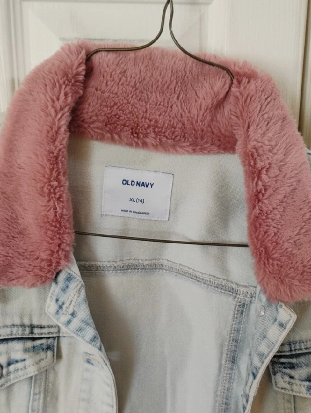 Old Navy Light Wash Denim Jacket with Pink Sherpa Trim